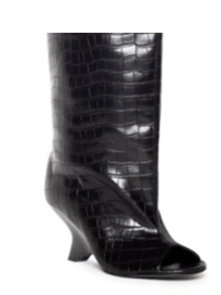 2025 Spring and Autumn Women's Fish Mouth Thick High Heels Knee Length Women's Boots Fashion Slope Heel Large Summer Cool Boots