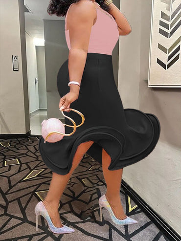 Pink Trumpet Skirt High Waist Women Sexy Package Hip Flare Fishtail Sheath Ruffles Elegant Party Event Occasion Femme Jupes 2023