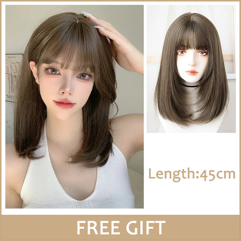 LM Synthetic Black Wig with Long Ponytail Short Straight Wig Lolita Cosplay Party Harajuku Blonde Wig With Bangs for Women