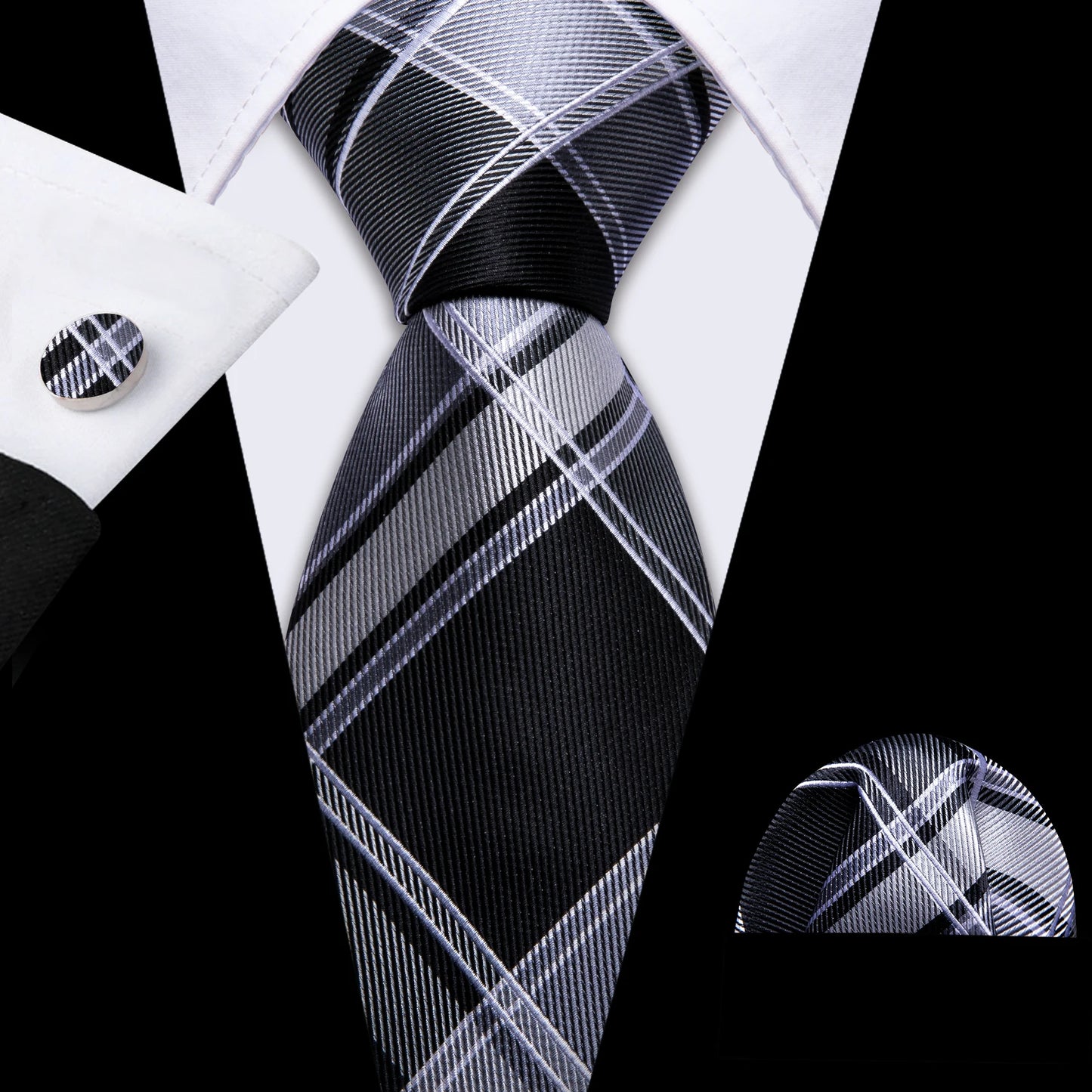 Barry.Wang Plaid Silk Men Tie Hanky Cufflinks Set Checked Jacquard Necktie for Male Formal Casual Wedding Business Party Events