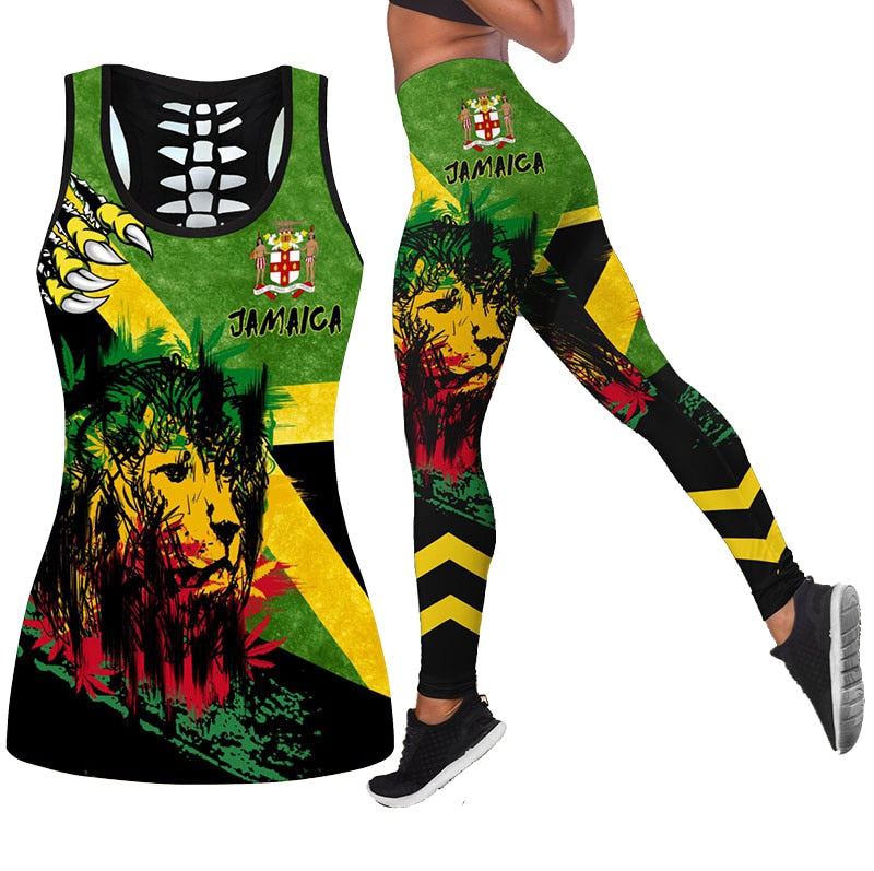 Women's Fashion Summer 3D Jamaica Combo Outfit Print Sleeveless Tank Top and Leggings