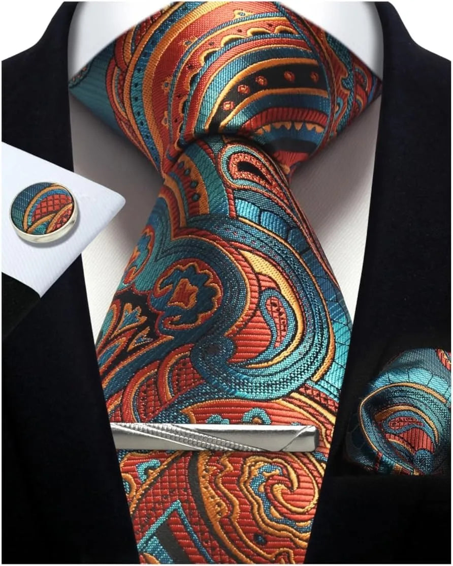 Mens Tie Set Silk Silver Paisley Floral Necktie and Pocket Square Cufflinks Tie Clip Classic Formal Ties for Men Wedding Party