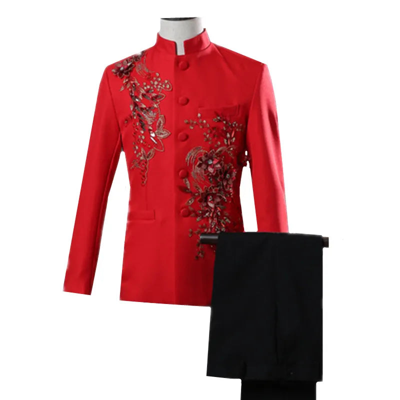 New Men Luxury Decal Suits Black / Red / Blue / White Fashion Singer Host Stage Performance Splicing Flower Blazers and Pants