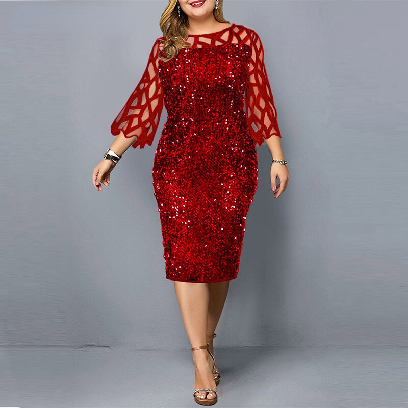 Elegant Sequin Long Sleeve Plus Size Women Midi Dress Sexy Casual Evening Party Dresses Wedding Luxury Women Robe Rouge Vestido