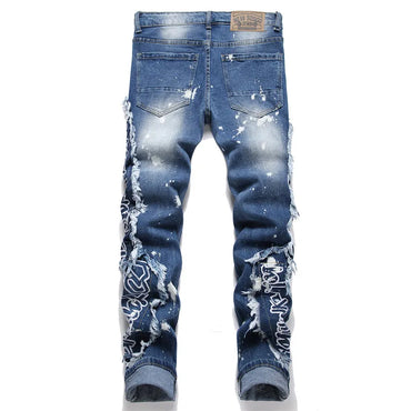 EH · MD Spliced Jeans Men's Embroidery English High Elastic Small Feet Pants Worn Down Wool 3D Printing Zipper Slim Fit Gradient