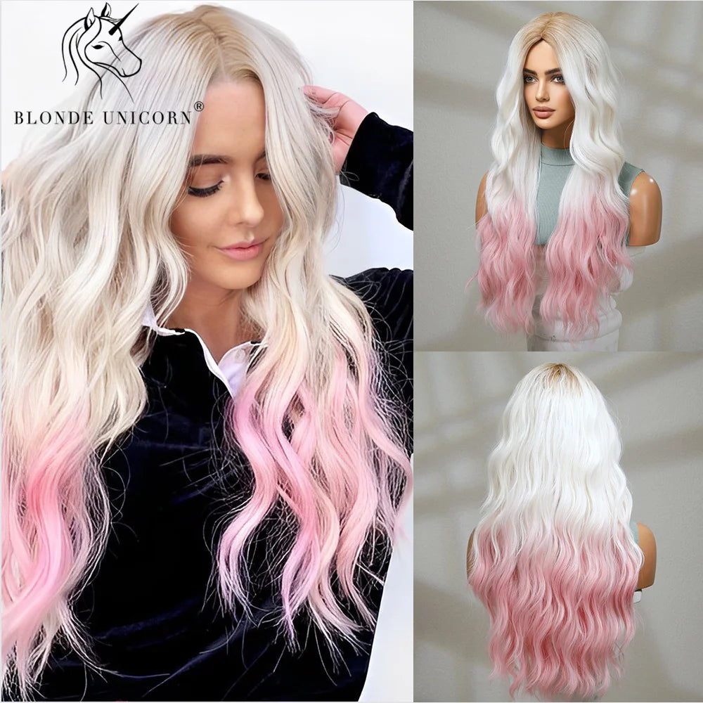 Blonde Unicorn Synthetic Long Wavy Wig Ombre Purple to Blue for Woman Cosplay Halloween Wigs Heat Resistant Fiber Bangs Hair