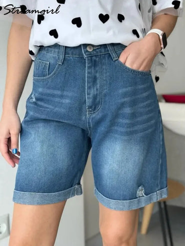 Women Denim Shorts Ripped Wide Leg Black High Waist Short Jeans Straight Leg Blue Denim Shorts For Women Summer Jean Shorts