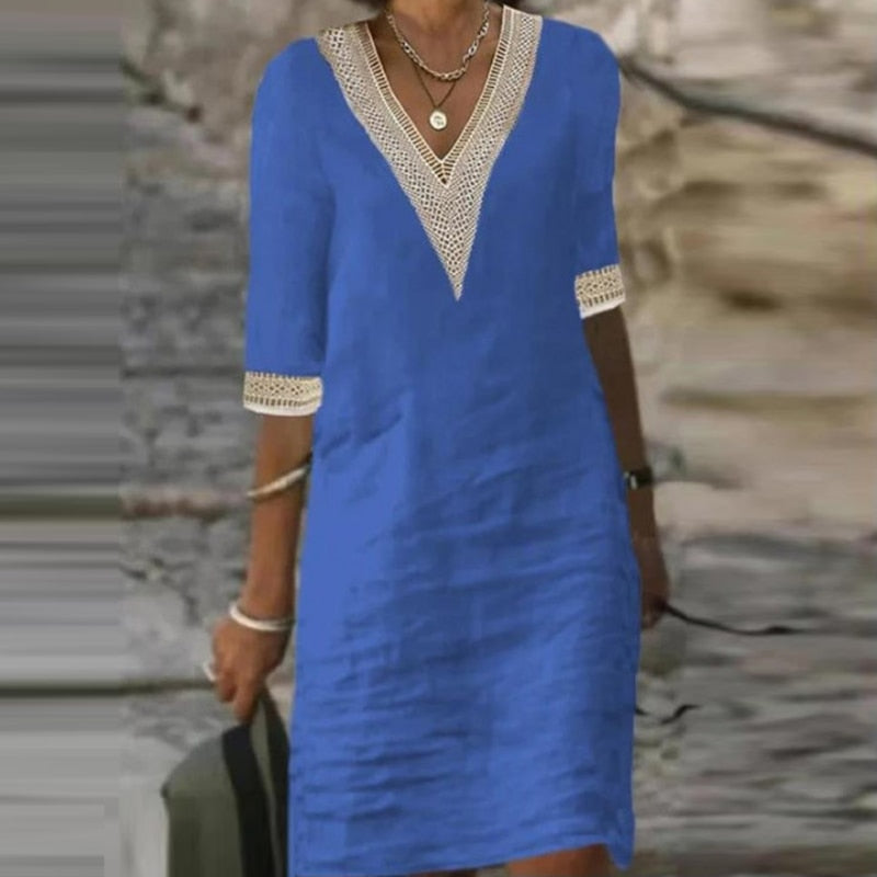 Women Cotton Linen Dress Summer Fashion Solid Color Hallow Out Mini Dresses Female Oversize Casual Mid-Sleeve Dresses Vestidos