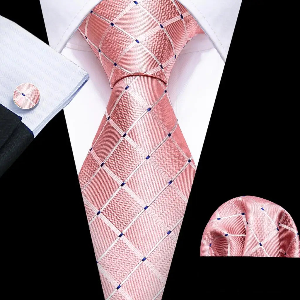 Barry.Wang Plaid Silk Men Tie Hanky Cufflinks Set Checked Jacquard Necktie for Male Formal Casual Wedding Business Party Events