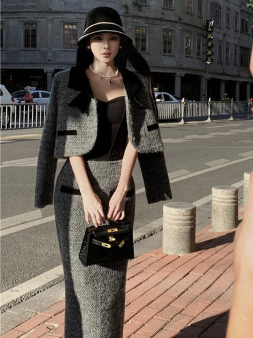 Winter Outfit Women 2024 New Elegant Lady Thickened 2 Pieces Sets Women Sweet Fashion Short Coat High Waist Long Skirt Suits