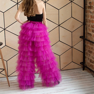 Women Solid Color Tulle Mesh Pants Woman Multi-Layer Ruffle Pants Lady High Waist Trousers Party Outfits