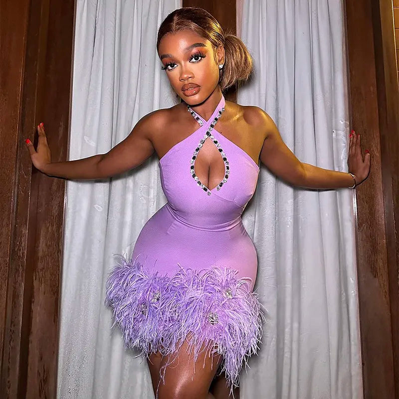 Factory Wholesale Women's Purple Halter Neck Rhinestones Feather Mini Mega Mart Center Factory Wholesale Women's Purple Halter Neck Rhinestones Feather Mini Mega Mart Center