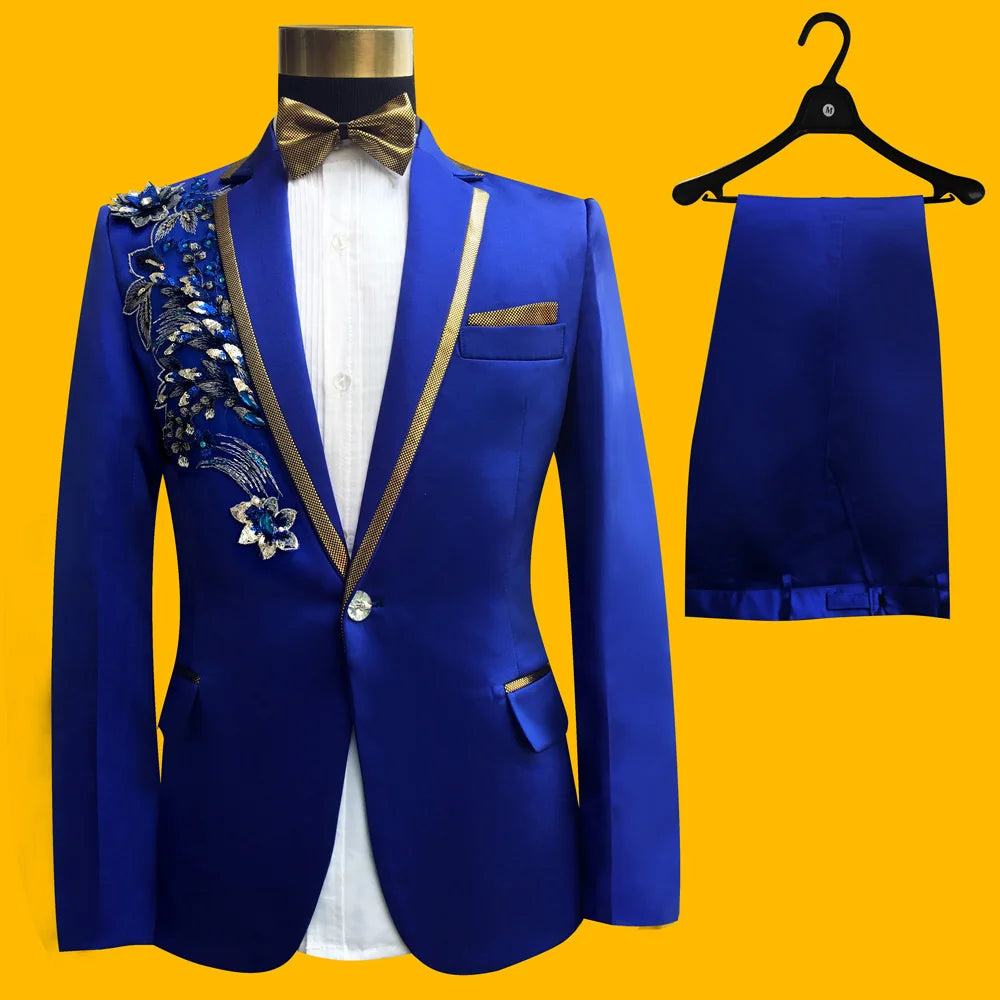 New Embroidered Tuxedos Men, Black Wedding Groom Suit, Male Singer Performance, Party Blazer, Prom Costume, Fashion Paillette