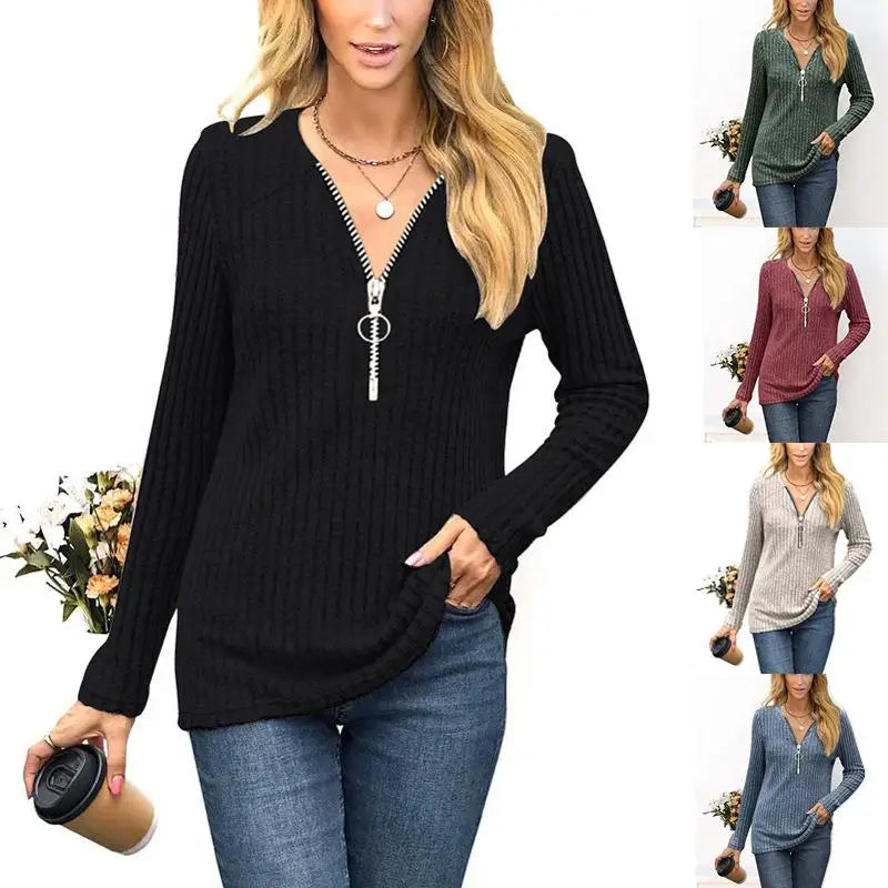 Women's Chest Zipper Pleated Long Sleeve T-Shirt Top Commute Style Iron-Free Processing Pure Color Other 100% Fabric