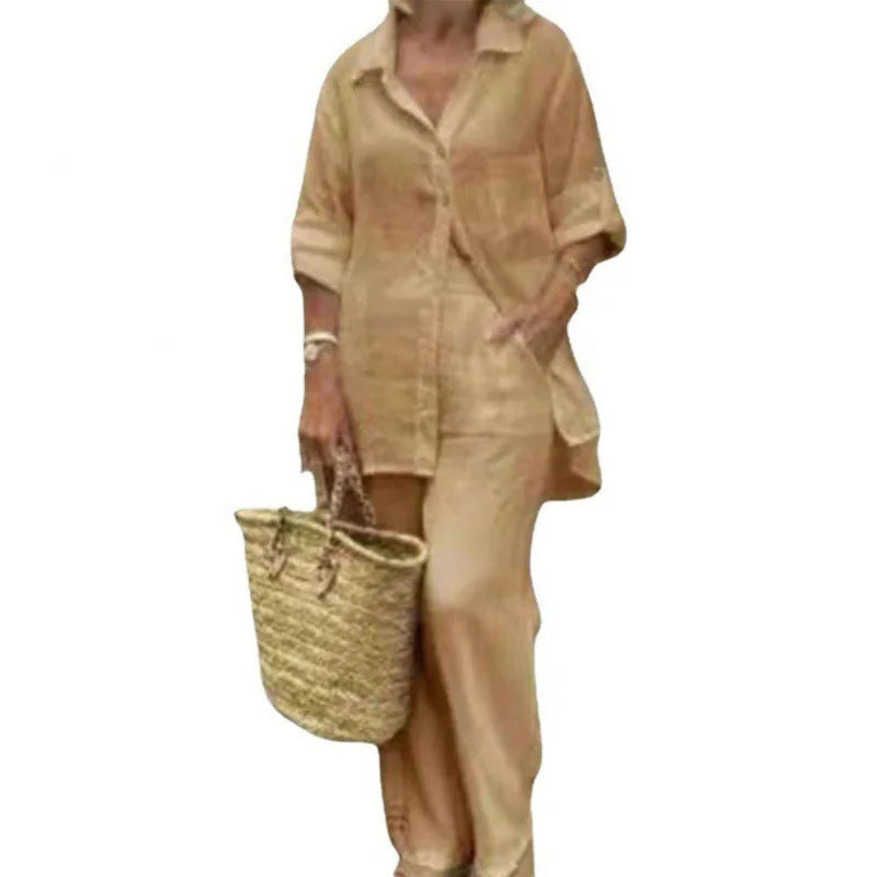 Summer Cotton Linen Casual Home 2 Piece Set For Women 2025 Fashion White Long Sleeve Shirt And Shorts Two Piece Sets Tracksuit