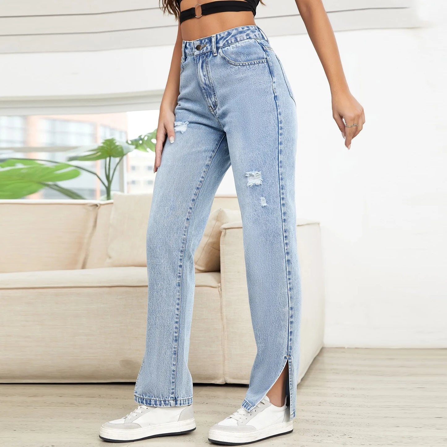 Washed Ripped Jeans Women Four Seasons New Fashion Personality To Do Old Denim High Waist Straight Comfortable Wide Leg Pants 