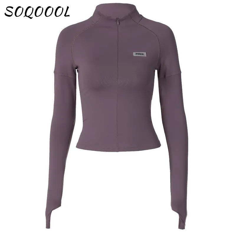 Y2K Zip T Shirt Women Long Sleeve Crop Tops Pullover Stand Collar Slim Skinny Trashy Grunge Y2k Base Tees Sexy Female T-Shirts