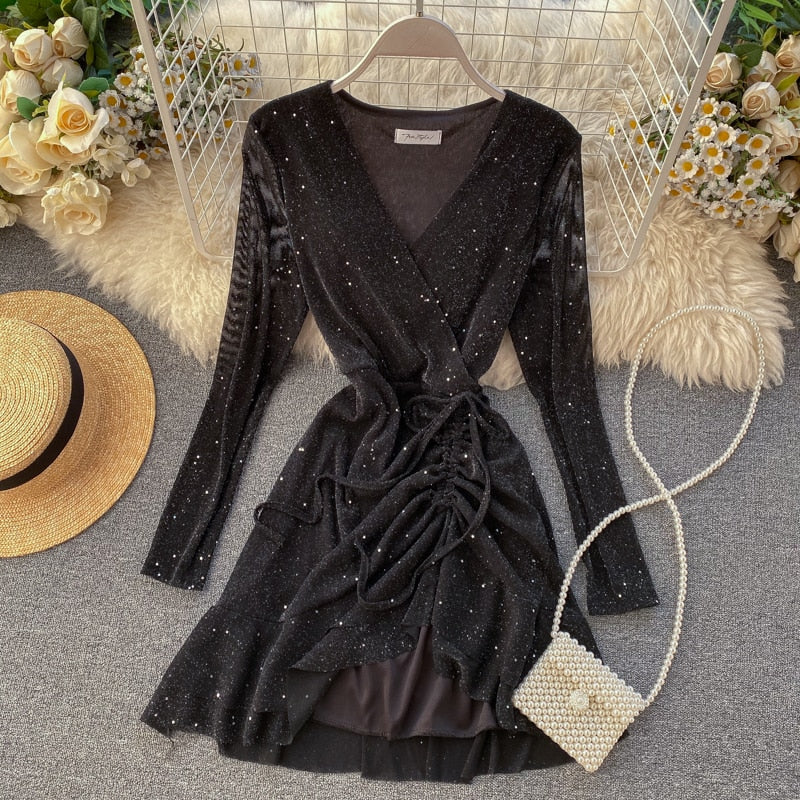 FTLZZ New Women's Dresses Spring Long Sleeve V-neck Elegant Dresses Casual Asymmetrical Ruffle Mini Dress Party Dress