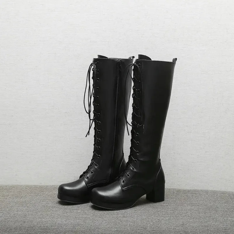 Woman Lovely Sweet Lace Up Purple Pink White Fashion Women's High Knee Boots Winter Shoes Lolita Shoes Girls Boots