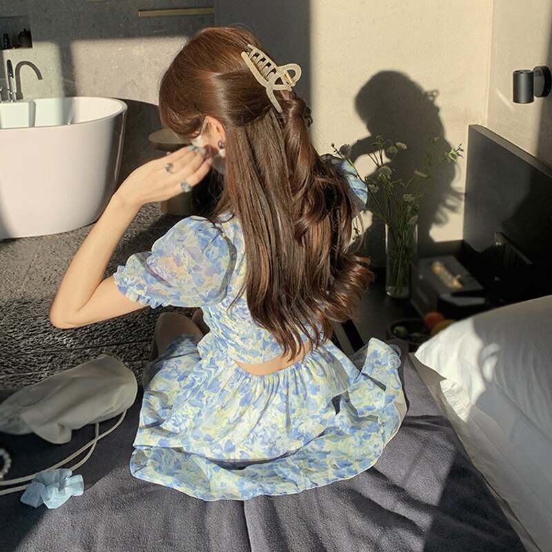 Sexy Y2k Mini Dress Summer Sweet Kawaii Women Retro Floral Puff Sleeve Fairy Dress