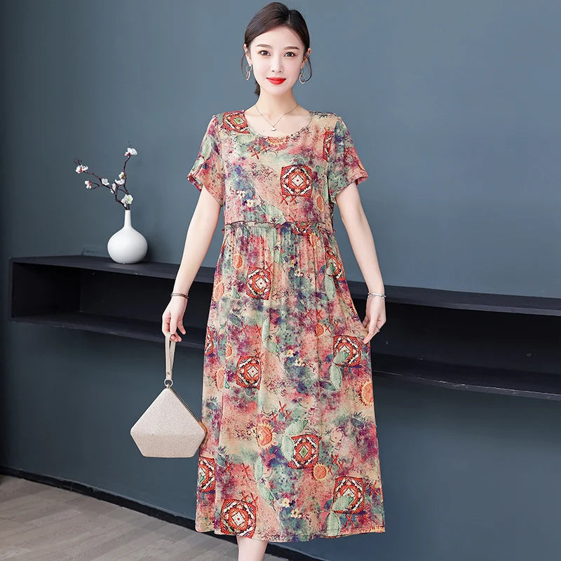 New 2023 Women Summer Dresses Vintage Plus Size Causal O-neck Short Sleeve Floral Vestido Elegant Print Dress