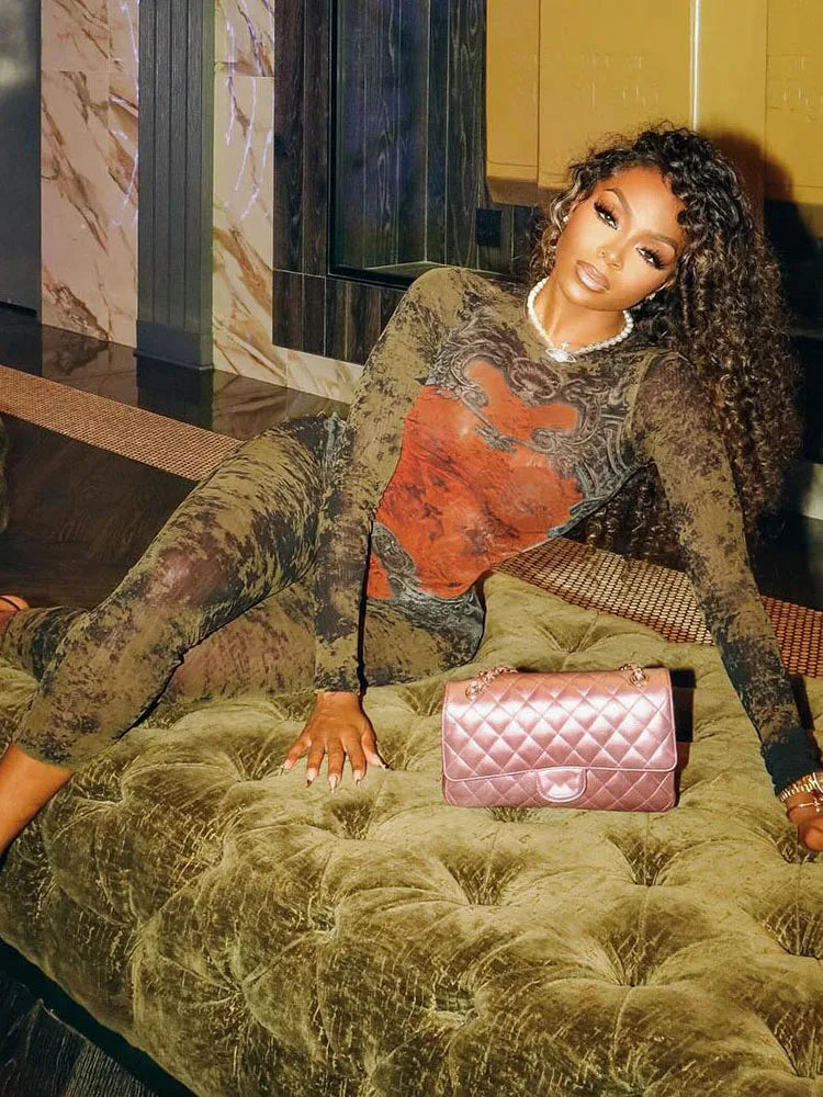 Sisterlinda Printing Slim O-Neck Long Sleeve Jumpsuit Women Sexy Popular Body-shaping Vestidos Girl Party Leisure Pencil Pants