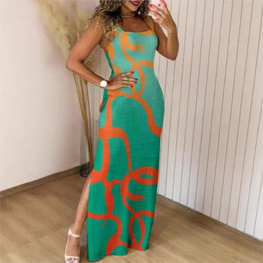 Boho Womens Summer Dress Retro Print Casual Slim Slit Square Neck Sleeveless Strappy Elegant Tank Dresses For Women Robe