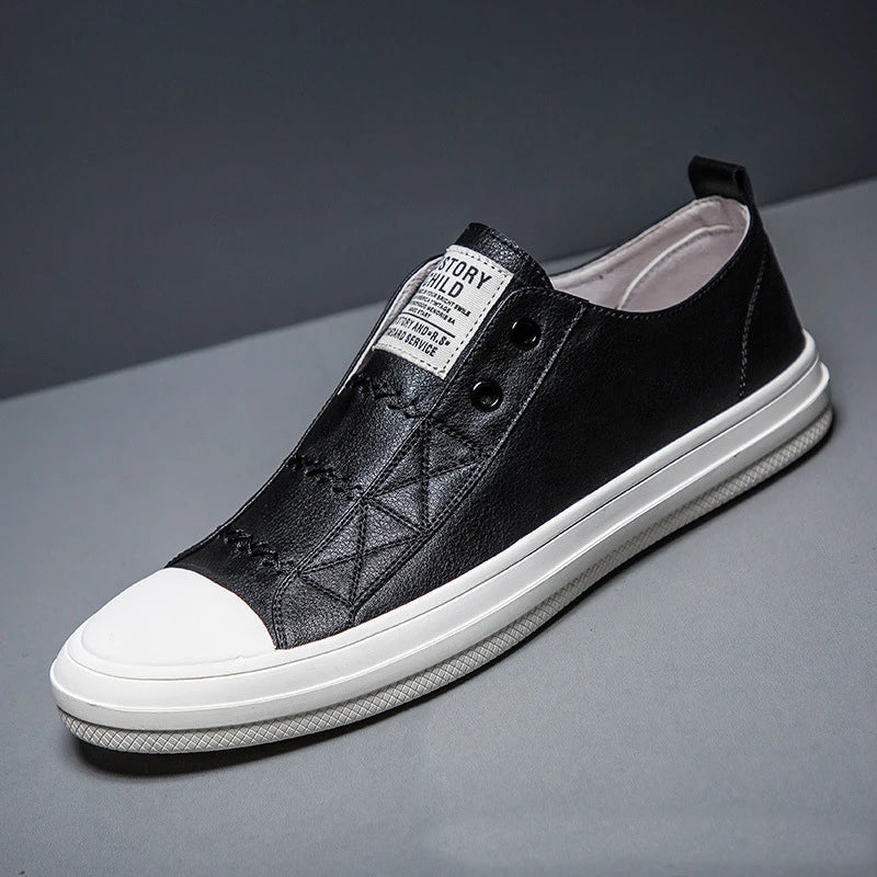 100% Genuine Leather Black White Shoes Men Casual Shoes Soft Flat Brand Cow Leather Cool Street Young Male Footwear D237