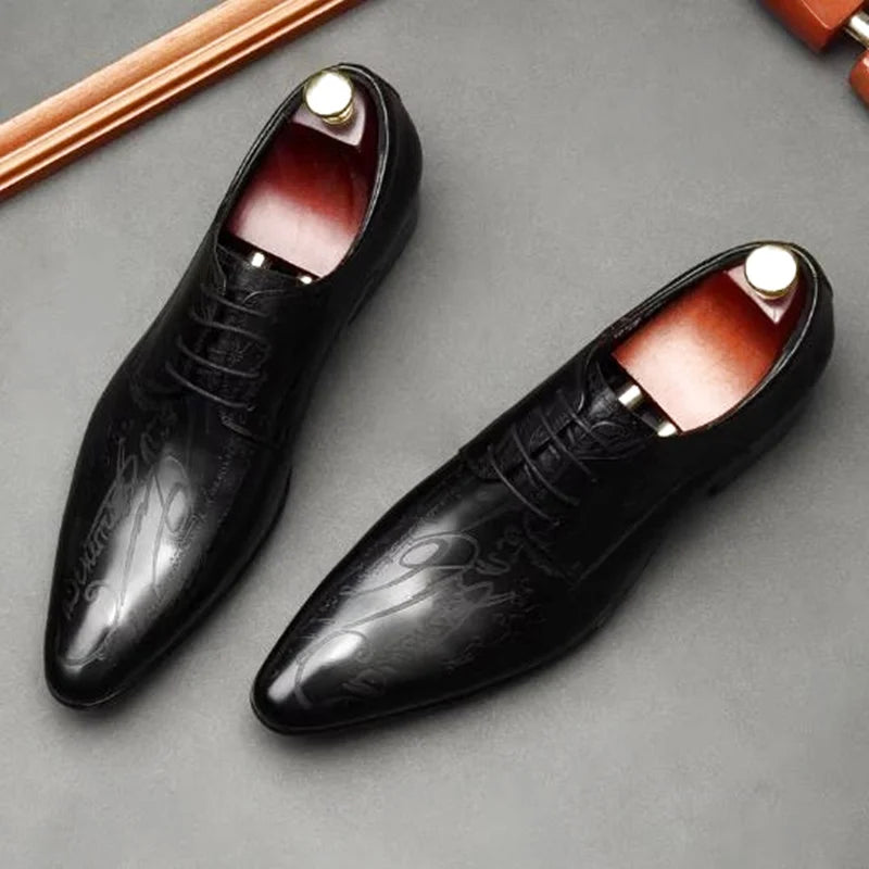 Stylish Letter-printed Men's Business Leather Shoes Korea Style Wedding Derby Shoes Lace-up Pointed Toe Dress Shoes Man Wine-red
