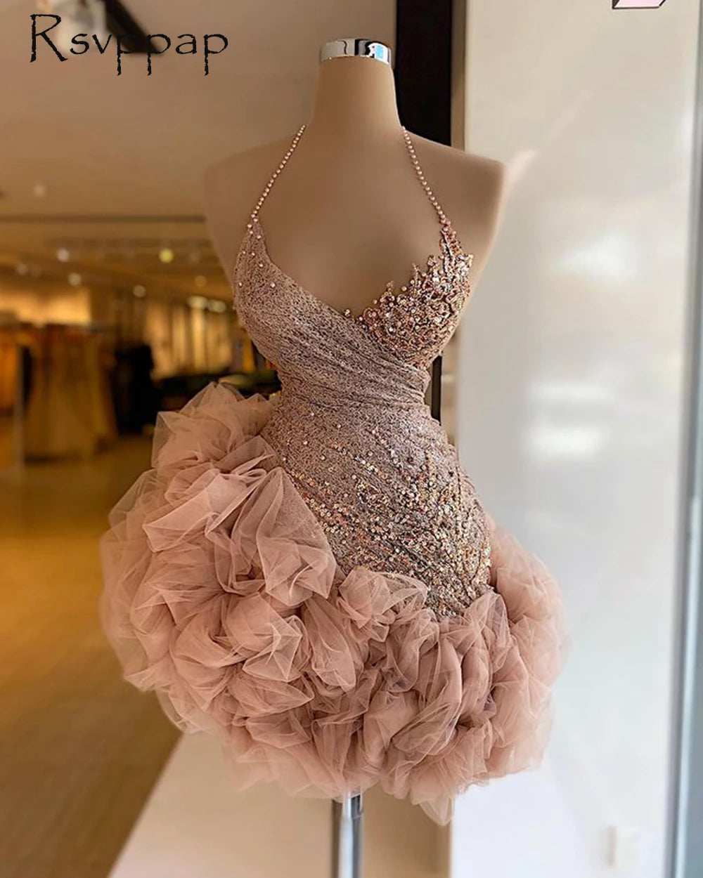 Cute Halter Ruffles Rose Pink Beaded African Women Formal Cocktail Dre –  Mega Mart Center