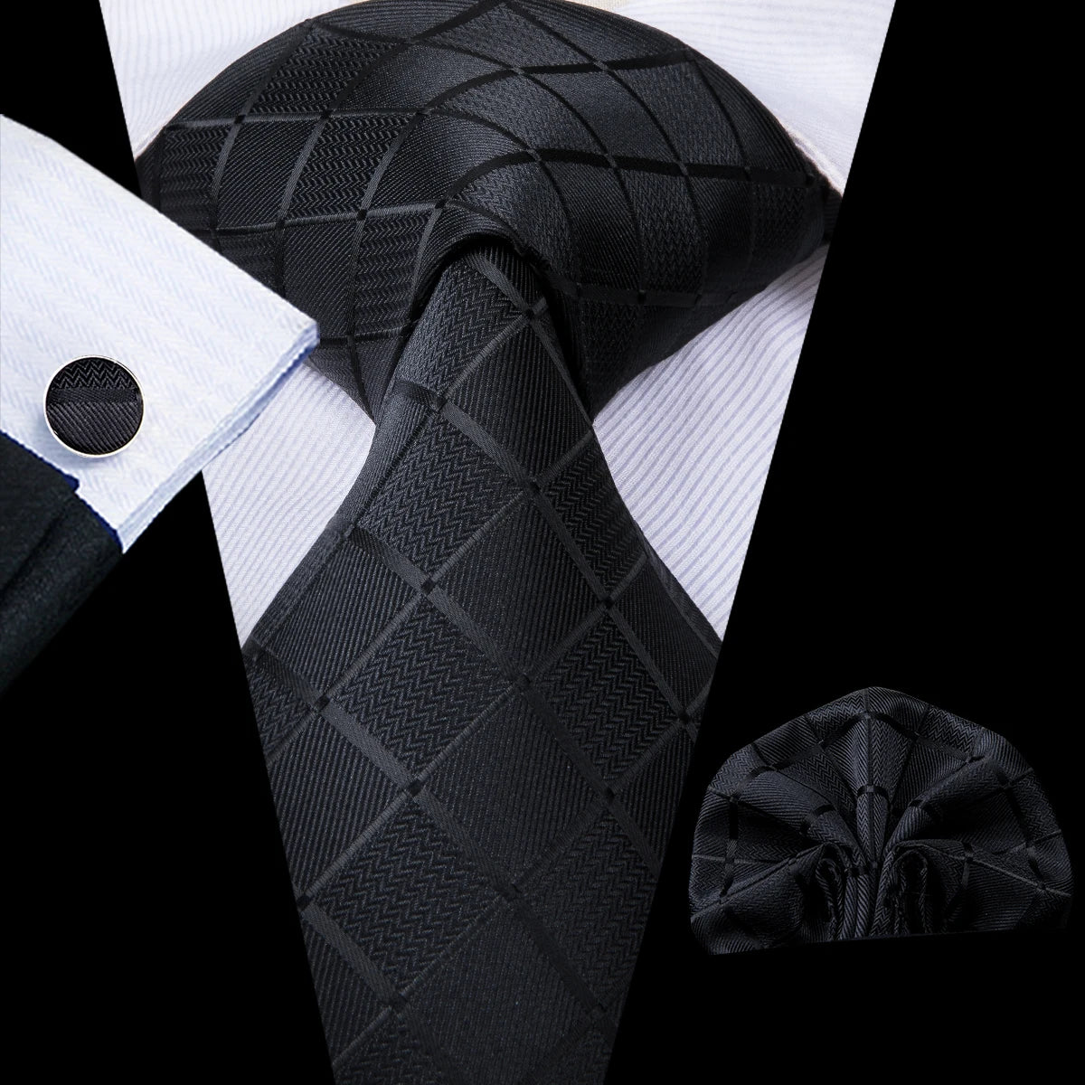 Barry.Wang Plaid Silk Men Tie Hanky Cufflinks Set Checked Jacquard Necktie for Male Formal Casual Wedding Business Party Events