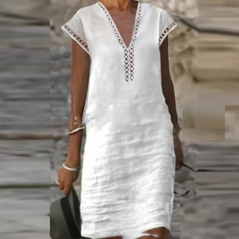 Women Cotton Linen Dress Summer Fashion Solid Color Hallow Out Mini Dresses Female Oversize Casual Mid-Sleeve Dresses Vestidos