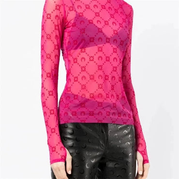 See Through Brand Women Tops Tulle Mesh Versatile Long Sleeve Moon Flocked Shirt Casual Thin Blouses Y2k Sexy Sheer Blusas 959P