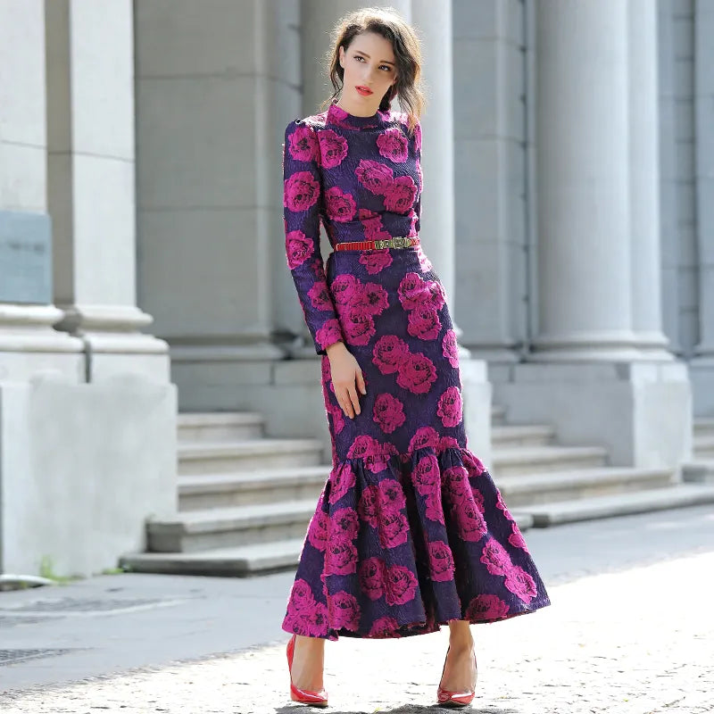 Elegant Brocade Women Long Sleeve Mermaid Dress Long Maxi Vintage Flow