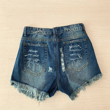 Denim Shorts Women Jeans Knee Length Pentagram Print Tassels Mid Waist Washed Distressed 2025 Streetwear Summer Short Pants