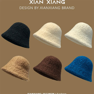 Hat, women's winter, new lamb's wool bucket hat, autumn and winter, plain makeup, small bucket hat, solid color warm pot hat