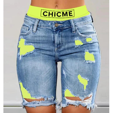 Y2K Summer Sexy Ripped Jeans Colorblock Letter Print Short Jeans Ripped Fake 2 Piece Denim Shorts Women Ripped Denim Shorts