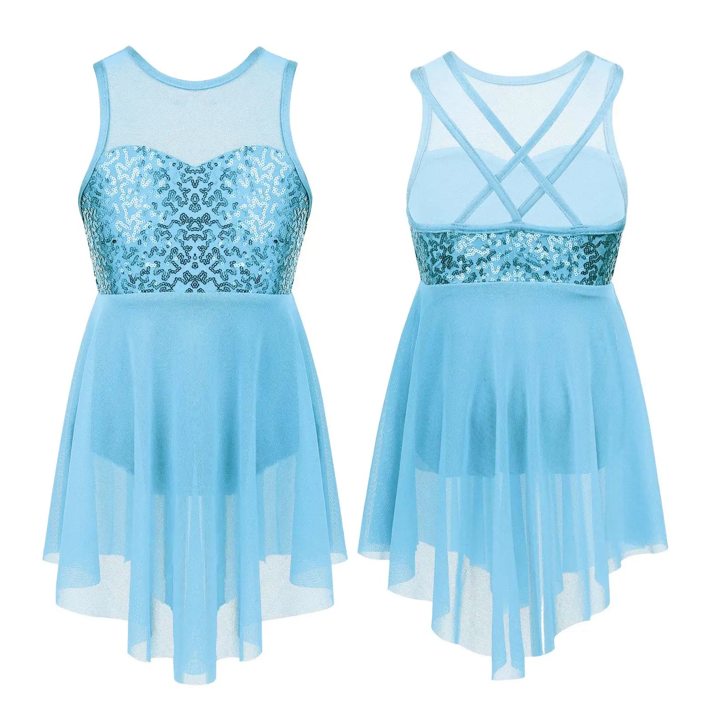 Girls Shiny Rhinestone Jazz Ballet Dance Dress Decorated Collar Sequins Mesh Tassel Hem Dance Leotards Dance Performance Dress