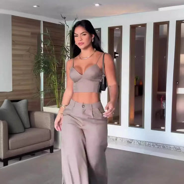 Women Pant Set Two Piece Sets Sexy Sling Sleeveless V Neck Short Tops Slim Fit Wide Leg Long Pants High Waist Elegant Splice