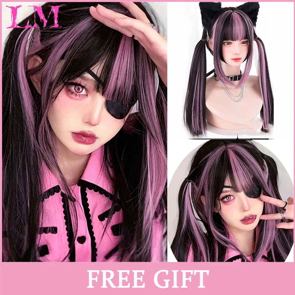 LM Synthetic Black Wig with Long Ponytail Short Straight Wig Lolita Cosplay Party Harajuku Blonde Wig With Bangs for Women