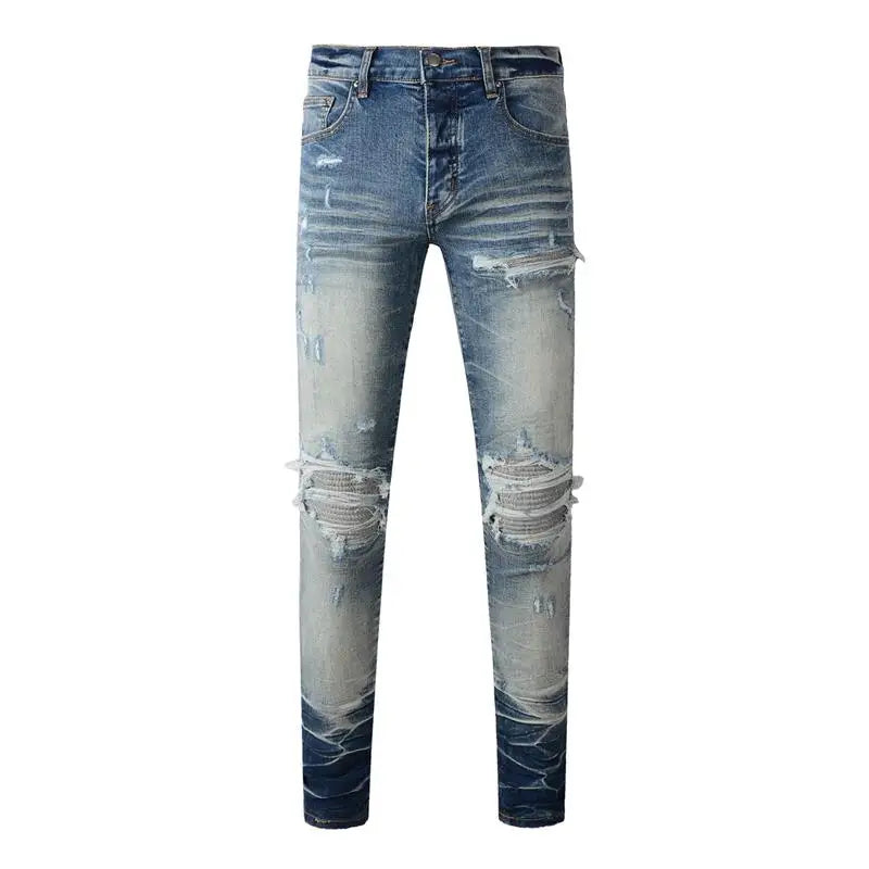 Fashion Top Quality Streetwear Distressed Men's Jeans Vintage Low Rise Stretch Skinny Button Fly Ripped Hold Pants