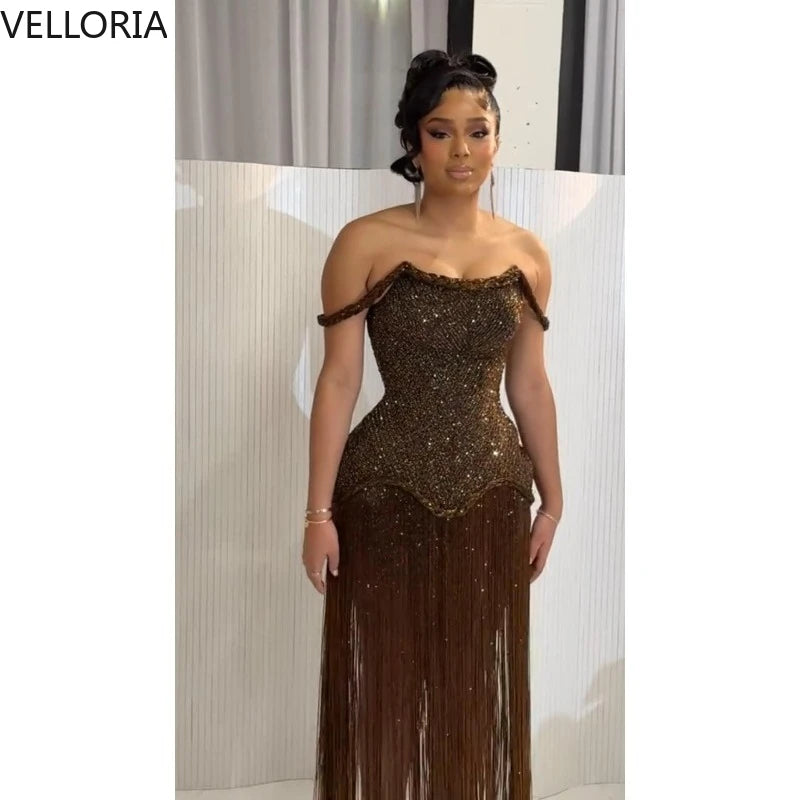 Brown Tassel Evening Dress African Woman Sexy Off-Shoulder Beaded Bustier Prom Gown Elegant Floor-Length Party Dress Customized