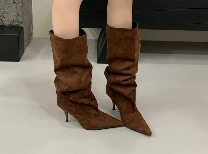 Aneikeh Autumn Winter Fashion Long Booties Shoes Thin Heels Concise Pointed Toe Pleated Knee-High Boots WomenZapatos De Mujer