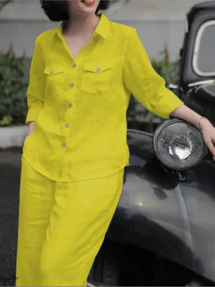 Women Elegant Lapel Neck Long Sleeve Shirt Pants Sets 2PCS Fashion Autumn Outifits Solid Work Trousers Suits Tracksuit