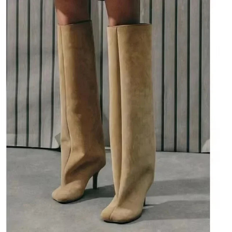 Autumn Winter Round Toe Women Knee-High Boots Punk Style Thin High Heels Shoe Comfort Faux Suede Female Long Booties botas mujer