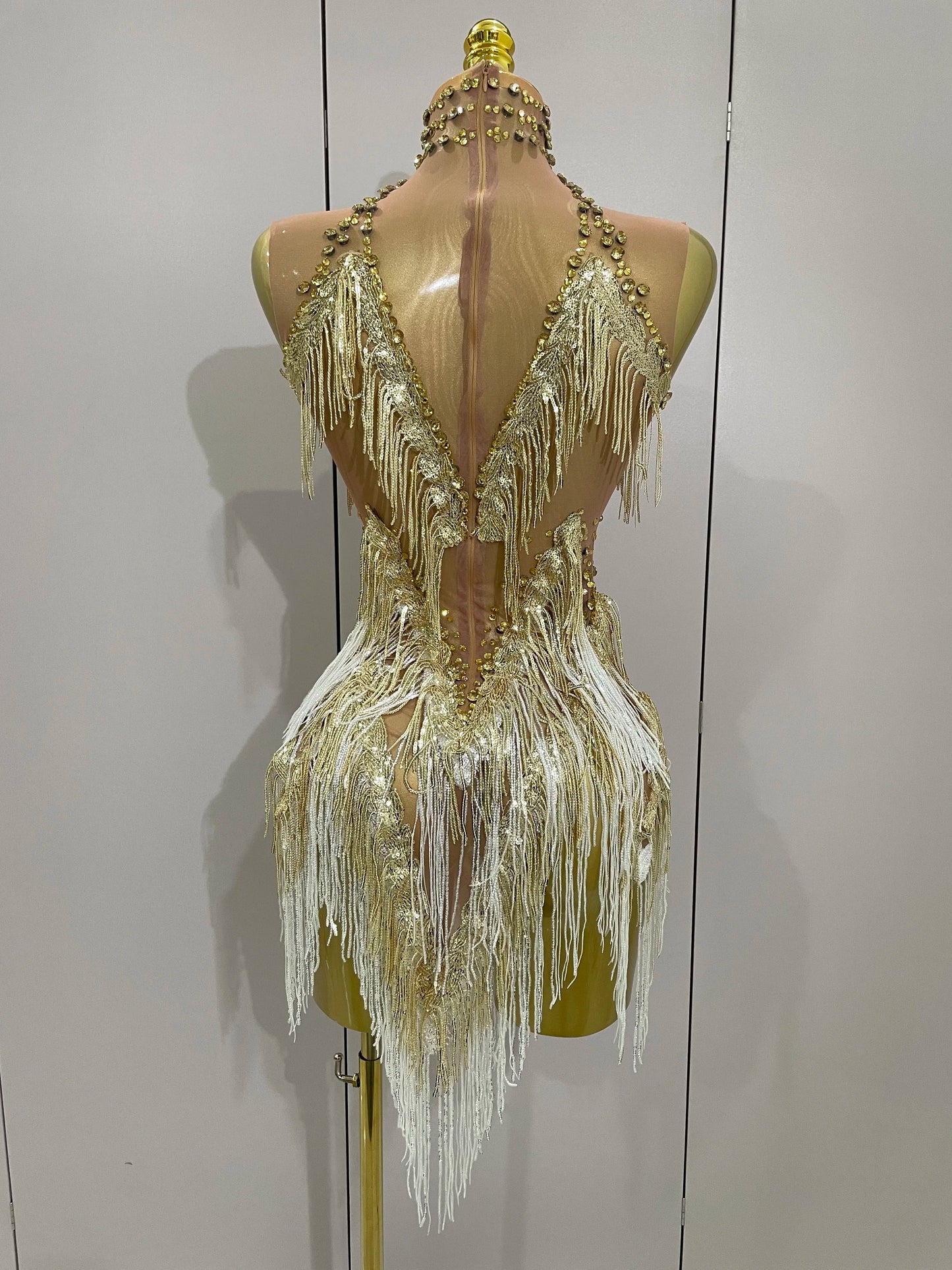 Stock 2025 Women Sexy Stretch Mesh Sparkly Rhinestone Tassels Mini Dress Nightclub Singer Dance Stage Costume Evening Gowns