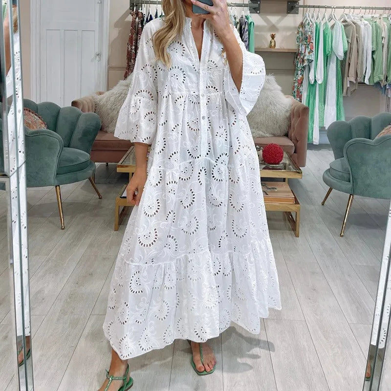 Sexy Hollow out Party Flare Sleeve Long Dress for Women Solid Color Lo Sexy Hollow out Party Flare Sleeve Long Dress for Women Solid Color Lo