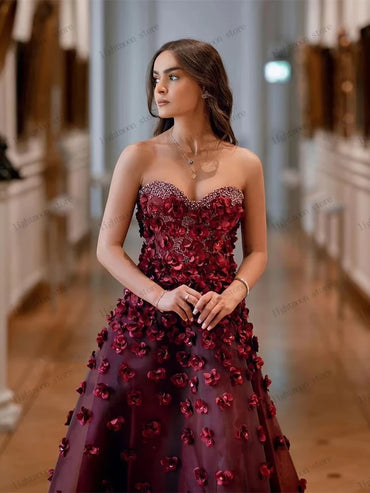 Gorgeous Evening Dresses A Line Organza Prom Dress 3D Appliques Strapless Backless Robes For Women Vestidos De Gala Customized