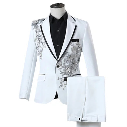 New Men Luxury Decal Suits Black / Red / Blue / White Fashion Singer Host Stage Performance Splicing Flower Blazers and Pants