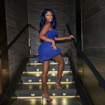 Ruffles Knitted Strapless Mini Dress Women Sexy Lace Up Bandage Backless Stretch Crochet Bodycon Club Party Dresses Vesitdos